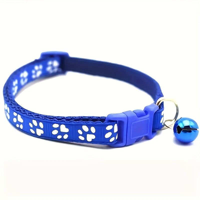 10 adjustable nylon pet collars with bells featuring vibrant cartoon paw & footprint design for dogs and cats