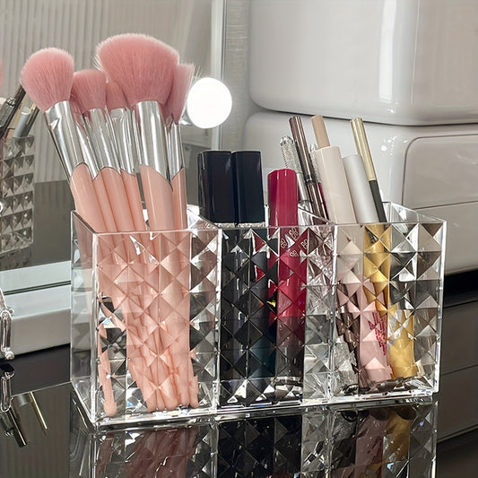 Premium acrylic makeup brush holder with 3 compartments for organizing brushes, ideal for bathroom decor and cosmetic storage.