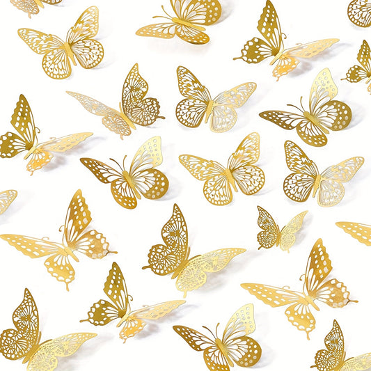 12pcs Golden 3D Butterfly Wall Decor Stickers, 3 Sizes - Removable, Strong Adhesive, Ideal for Parties, Weddings, Nurseries, Classrooms