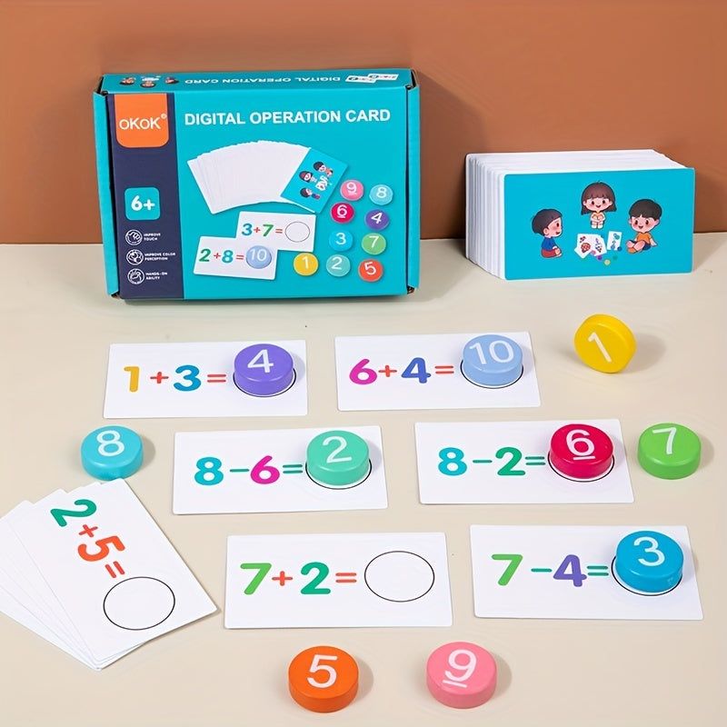 Digital operation card for kids aged 5-7, featuring preschool educational activities with mixed color flash cards and wooden reading blocks. A toy that promotes logical thinking, suitable