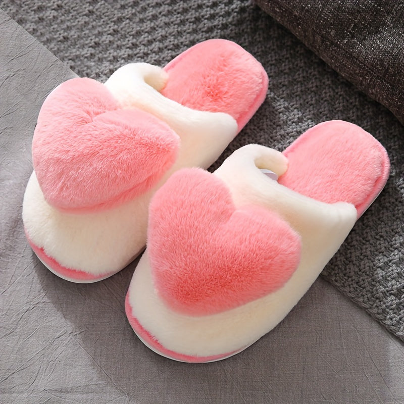 Warm and comfortable winter heart pattern slippers for women with faux fur, thicken plush, and non-slip sole.