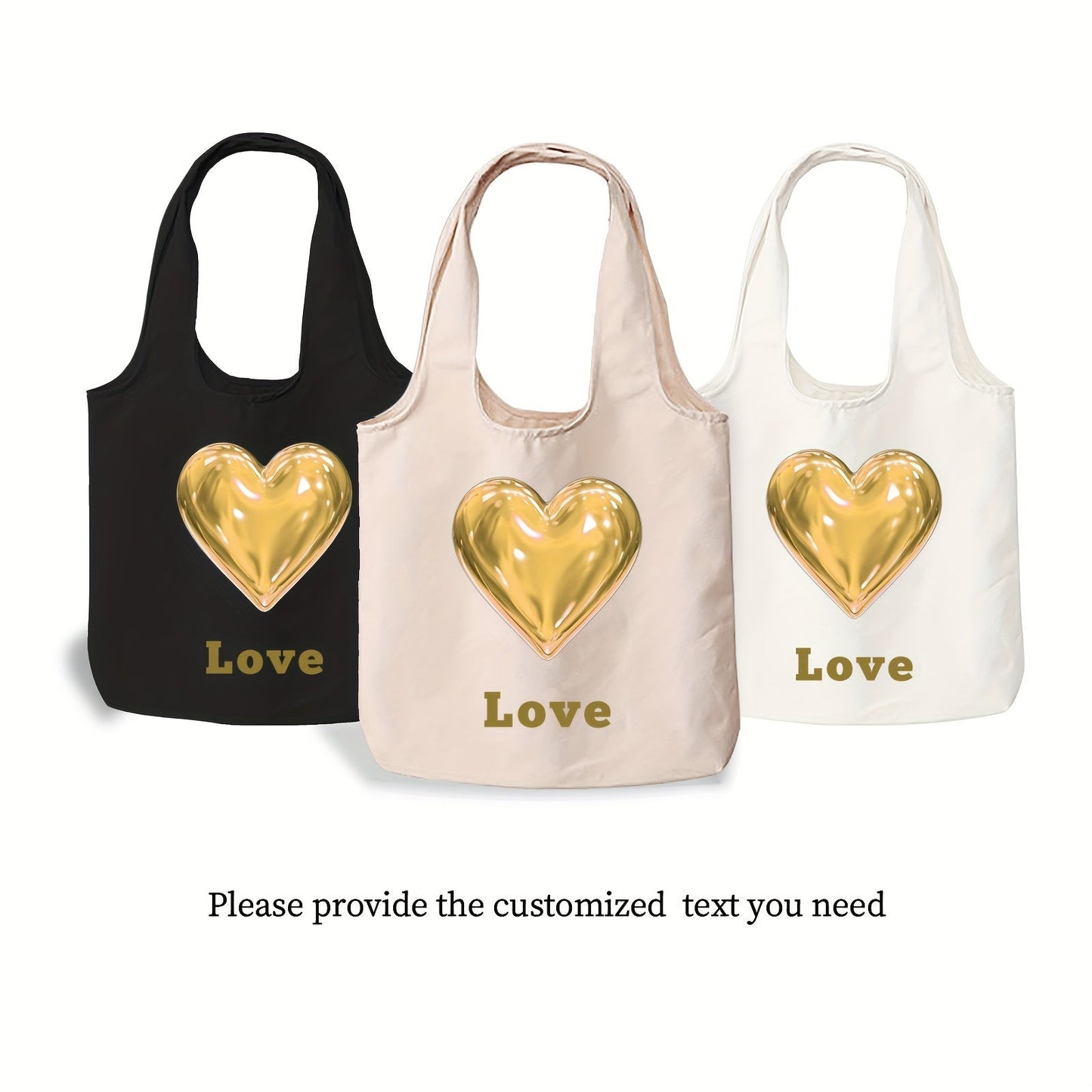 Customize your tote bag with custom text and a heart pattern. Available in sets of 1, 3, or 9 pieces, this personalized canvas bag can be printed on both sides. Perfect for daily commutes, outdoor picnics, parties, traveling, and shopping.