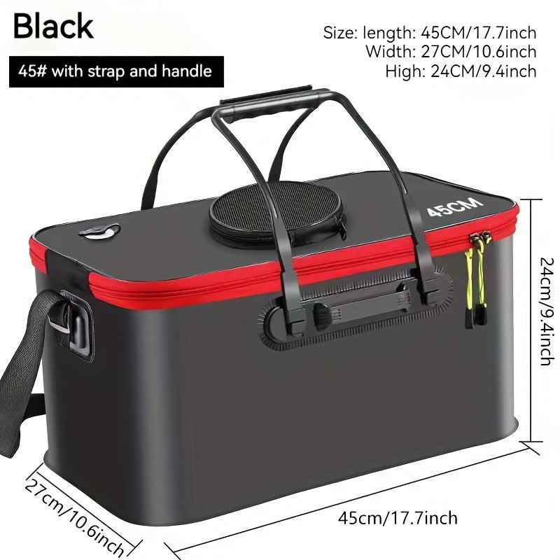 Compact EVA fishing gear bag with collapsible live fish bucket and tackle storage, waterproof and zip closure for camping.