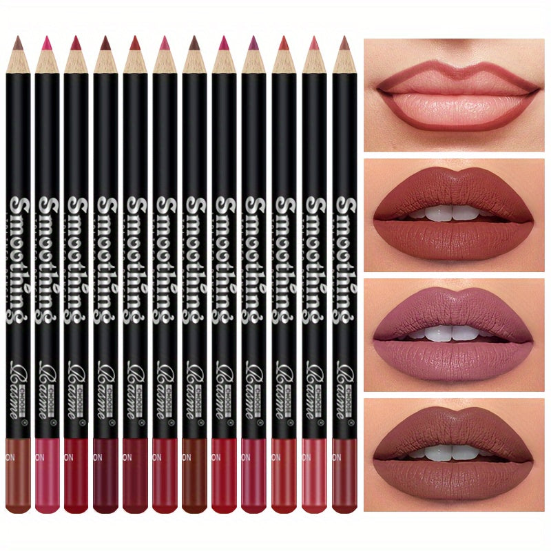 12pc Matte Lip Liner Pencil Set with assorted mocha shades for lip contouring and definition, perfect gift for women.