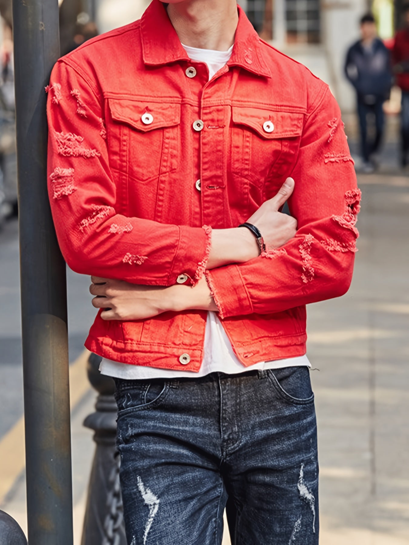 Men's distressed denim jacket - Casual cotton blend with long sleeves, button-up and lapel collar for Spring & Fall.