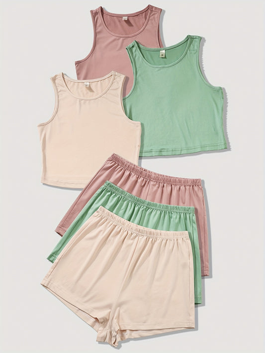 3-piece Women's pajama set: sleeveless vest and shorts in three colors