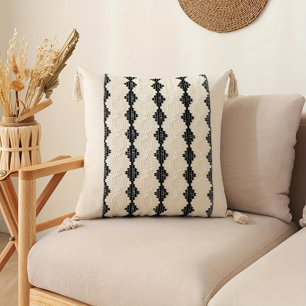 One piece Bohemian Chic Fringe Pillow Cover with Geometric Pattern in Orange, Beige & White. Made from Stain-Resistant Polyester with Zippered Square/Rectangular Cushion Case for Living Room Sofa Decor. Machine Washable, perfect for Throw Pillows on