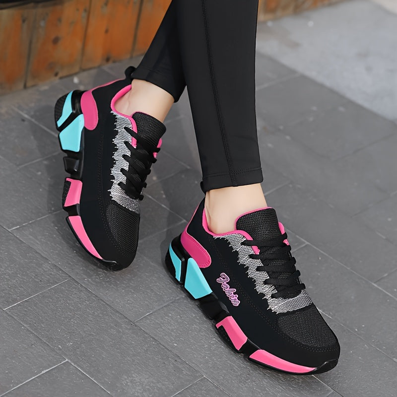 Women's Colorblock Sports Shoes: Casual lace-up sneakers for running and walking with breathable design.