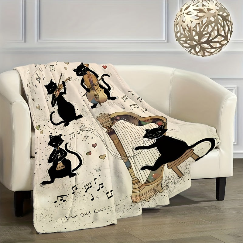 The Cozy Black Cat and Guitar Music Lover's Throw Blanket is made of soft, all-season flannel, making it perfect for outdoor travel and camping. This large blanket also makes a great gift.