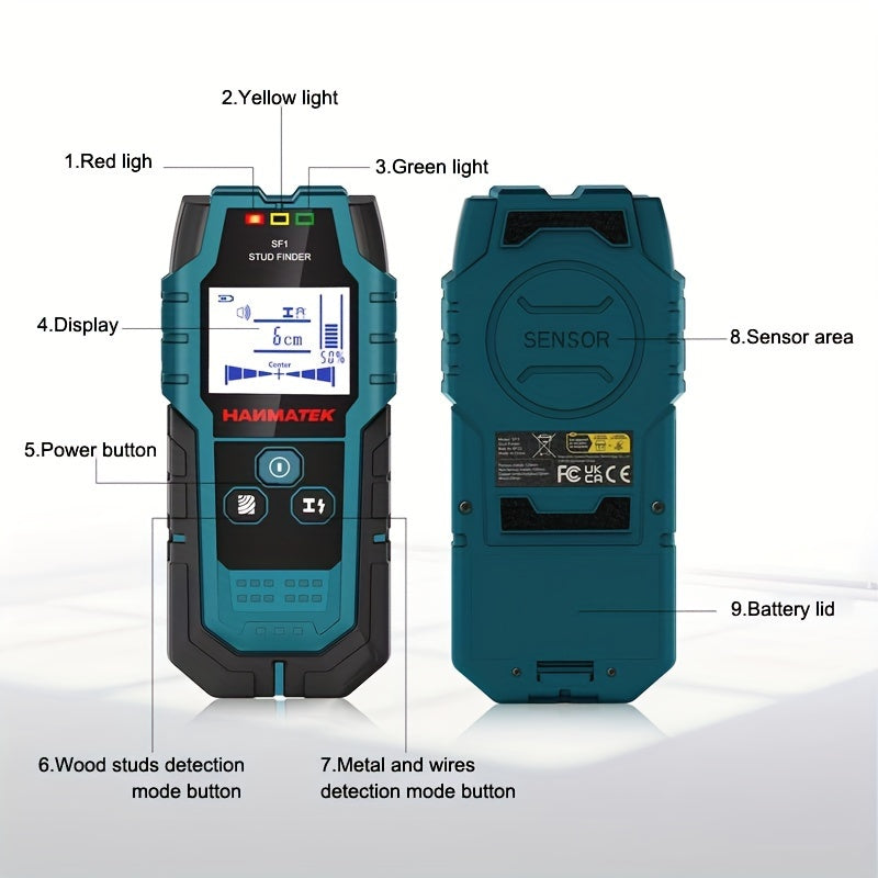 HANMATEK SF1 Wall Scanner detects studs, joists, and AC wires with LCD display.