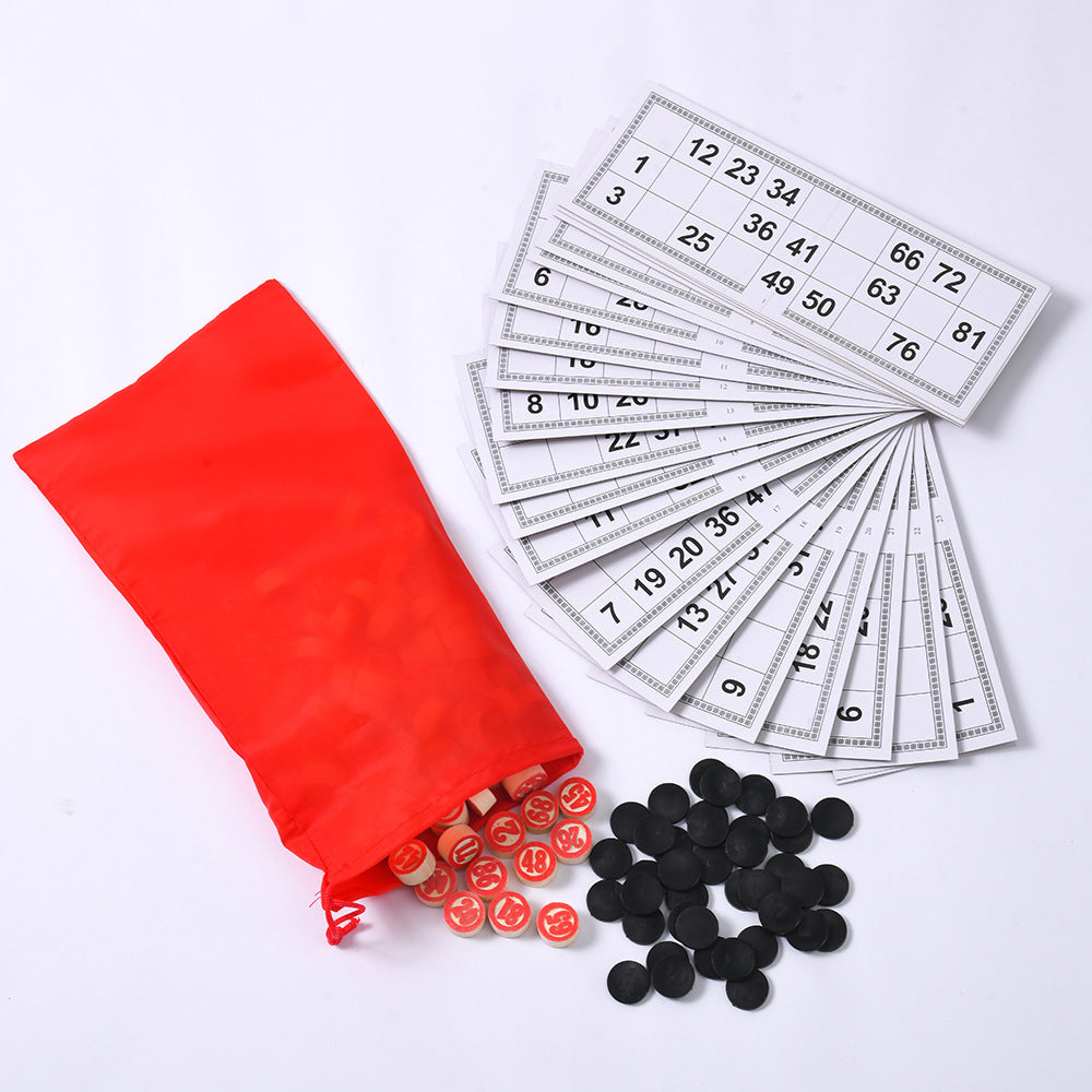 Wooden lottery game set with double-sided numbered bingo cards for ages 14+. Approximately 350g.