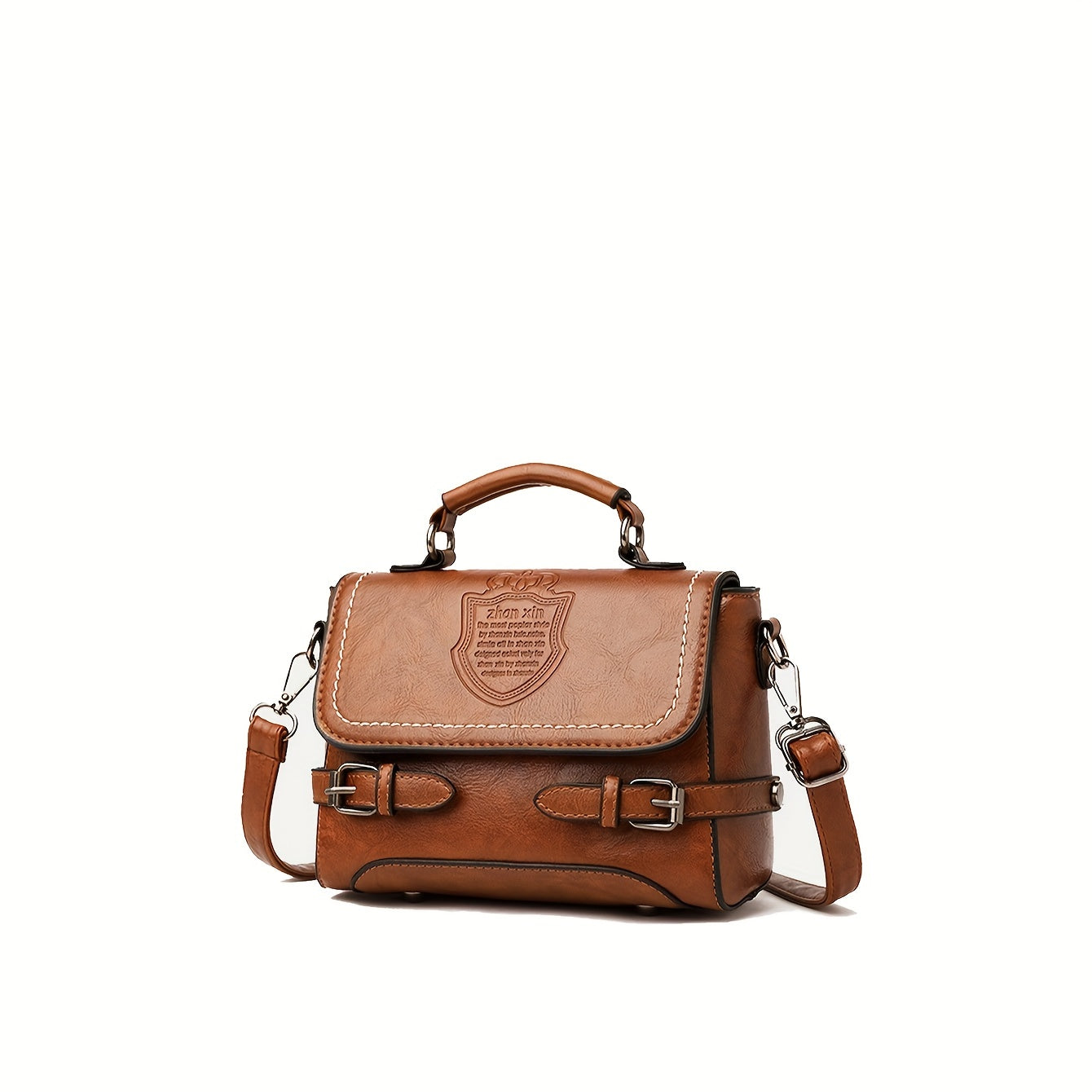 Old-fashioned handbag with embossed letter badge, stylish crossbody satchel for women.