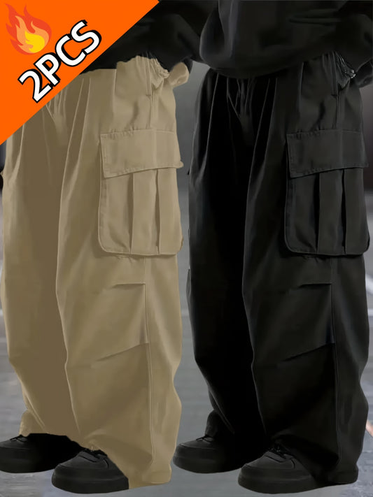 2-Pack Men's Plus Size Cargo Pants in Solid Color, 100% Polyester, Multi-Pocket Loose Fit for Outdoor Travel