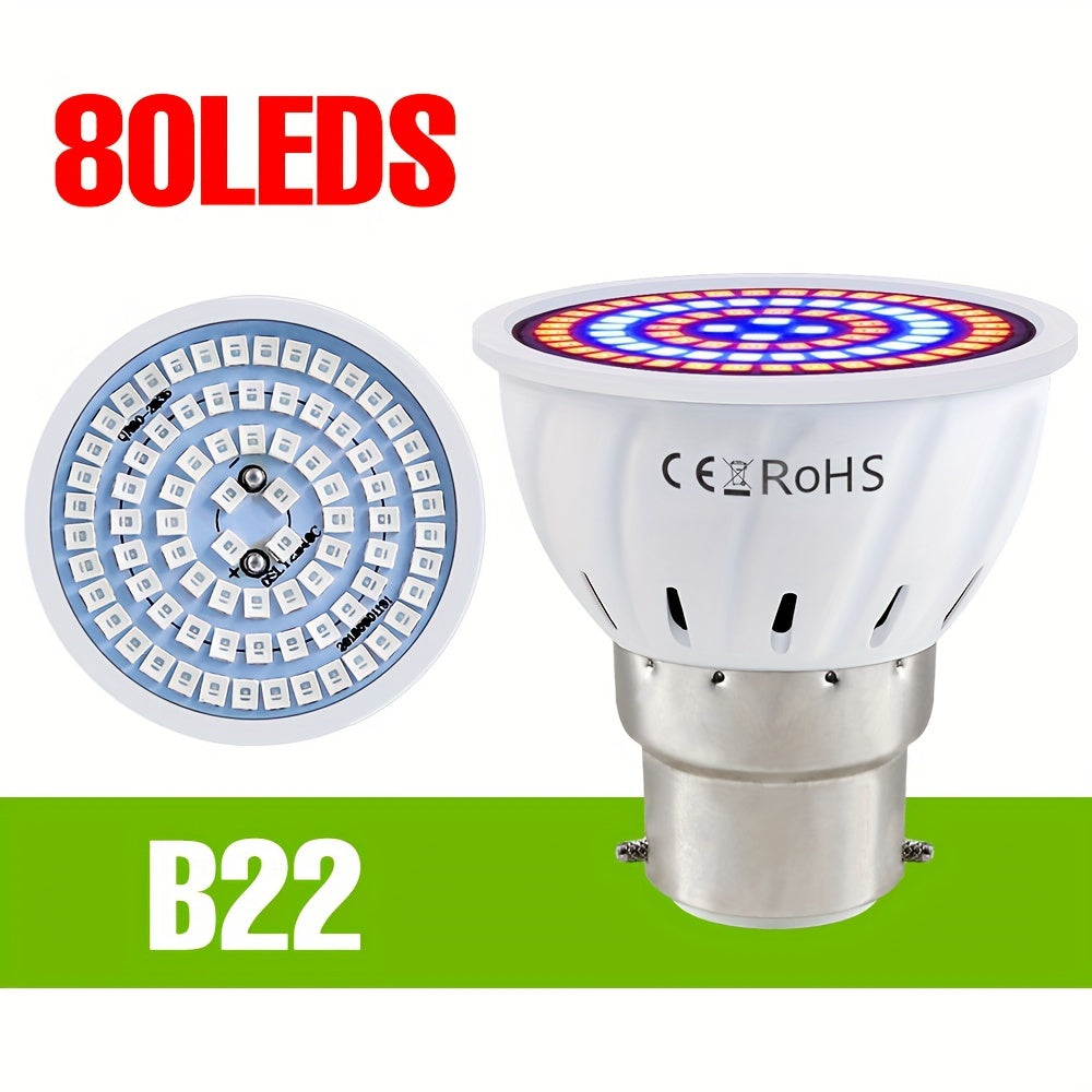 LED grow light bulb with full spectrum, 220V, compatible with E27 & GU10, suitable for indoor plants, hydroponics, succulents, and seedlings. Has UV IR for plant growth, available in red