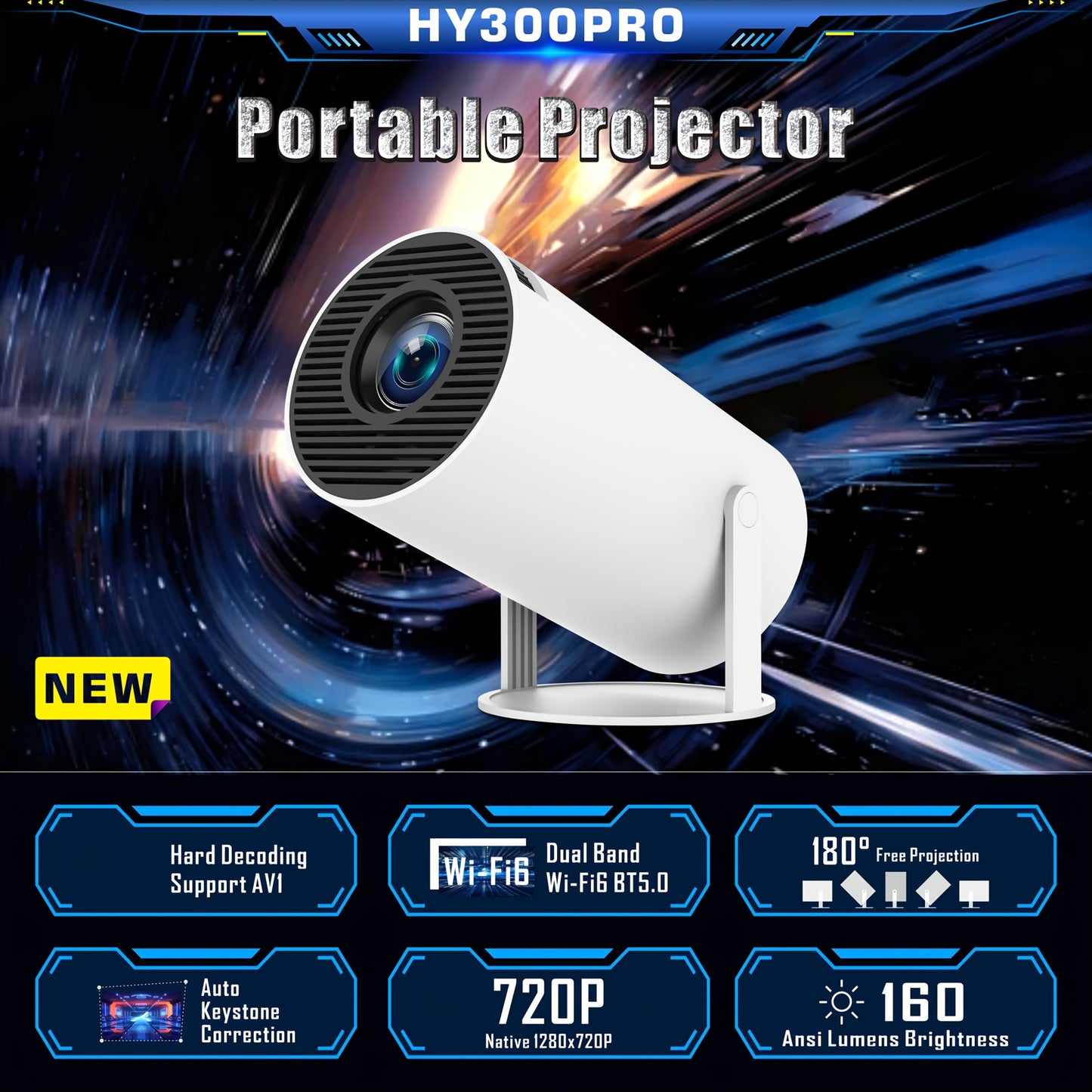 HY300 Pro Mini Portable Projector with auto horizontal correction, 180° rotatable design, and compatibility with phones. Features Wi-Fi 6, BT5.2, and runs on Android 11. Ideal for outdoor