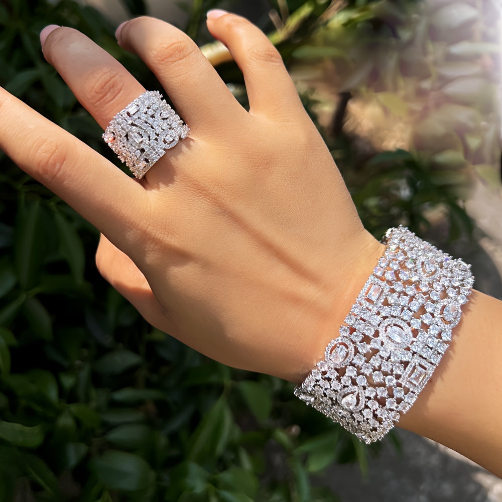 Stunning Zirconia Cuff Bracelet and Ring Set for Women - Perfect for Elegant Bridal Banquets, Wedding Anniversary Parties