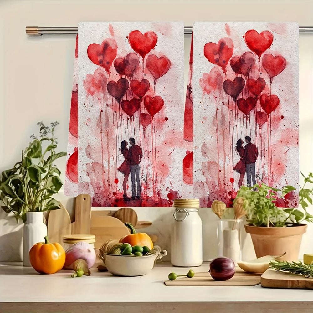 Two pieces of Romantic Valentine's Day kitchen towels made from ultra soft and highly absorbent polyester. Each towel measures 40.64x60.96 cm and is machine washable. Featuring a festive heart balloons design, these towels are perfect for adding some