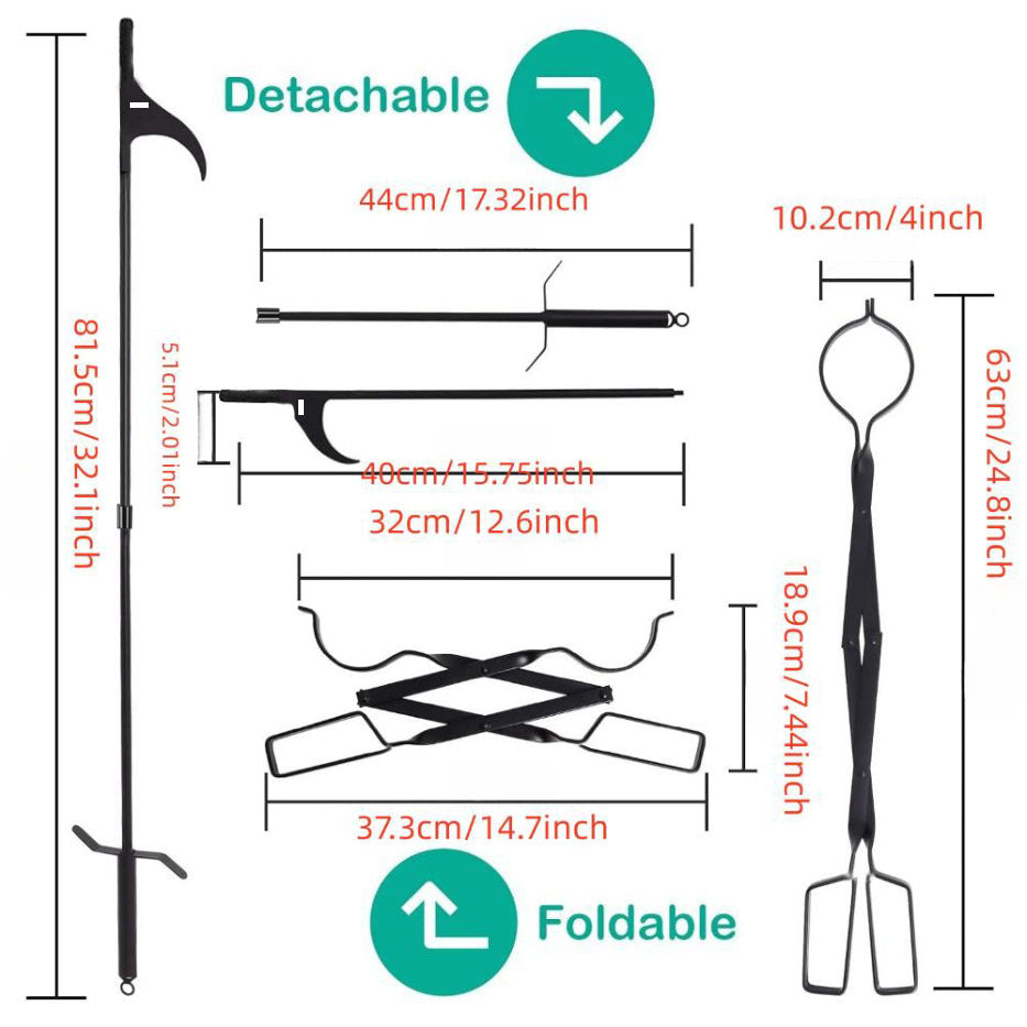 Durable tool set for fireplace, camping, wood stove, and indoor & outdoor use includes 60.96cm heat resistant fireplace tongs and 81.28cm premium steel campfire poker.