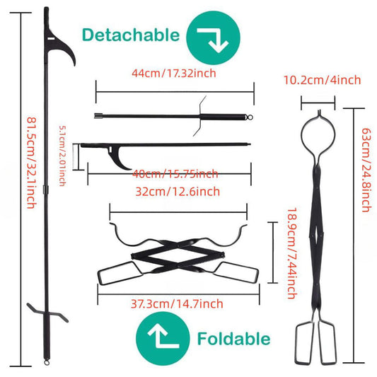 Durable tool set for fireplace, camping, wood stove, and indoor & outdoor use includes 60.96cm heat resistant fireplace tongs and 81.28cm premium steel campfire poker.