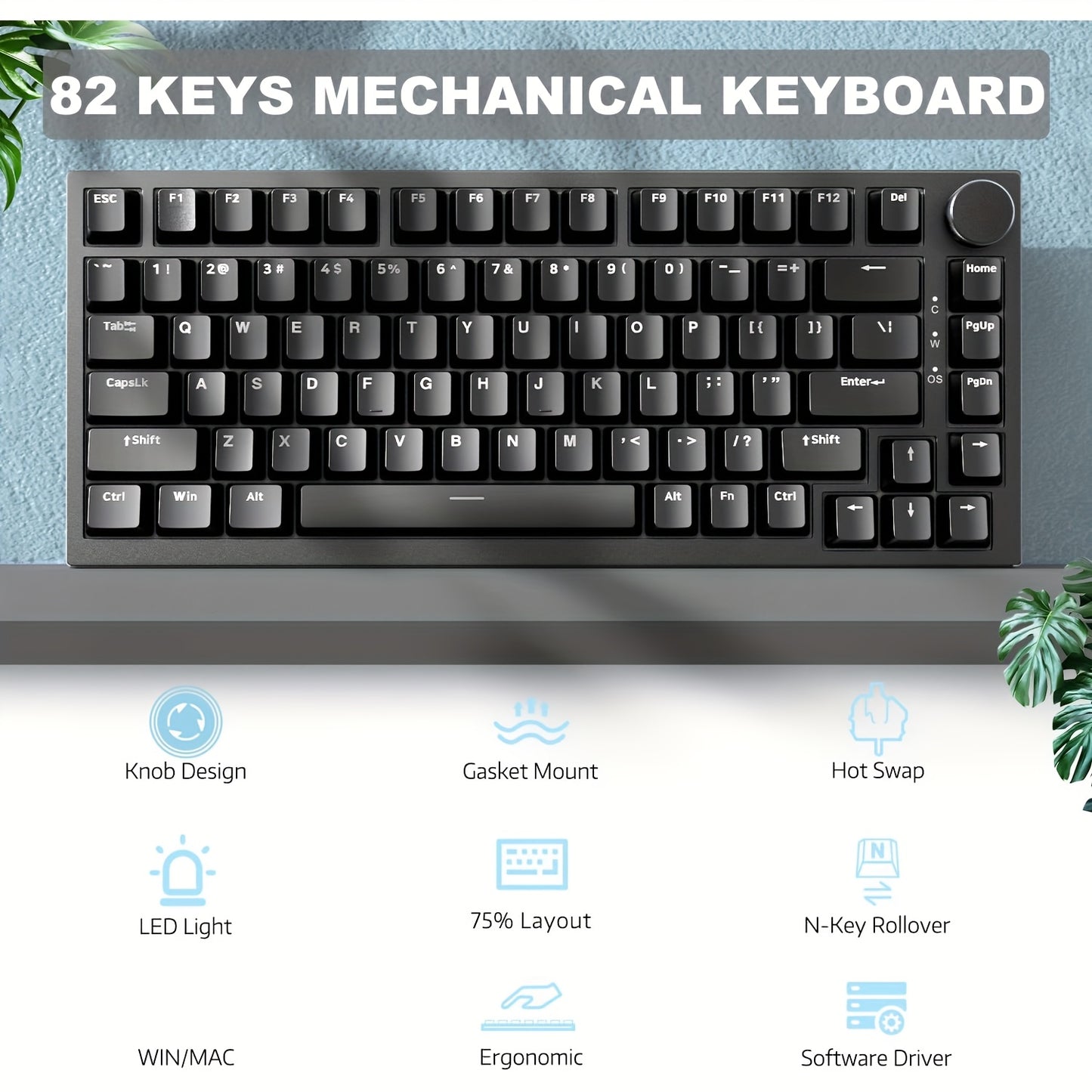 AJAZZ AK820 is a 75% wired mechanical gaming keyboard with volume knob, South-backlit LED, PBT keycaps, swappable RGB keys, ergonomic design, detachable USB-C cable, and keycap puller