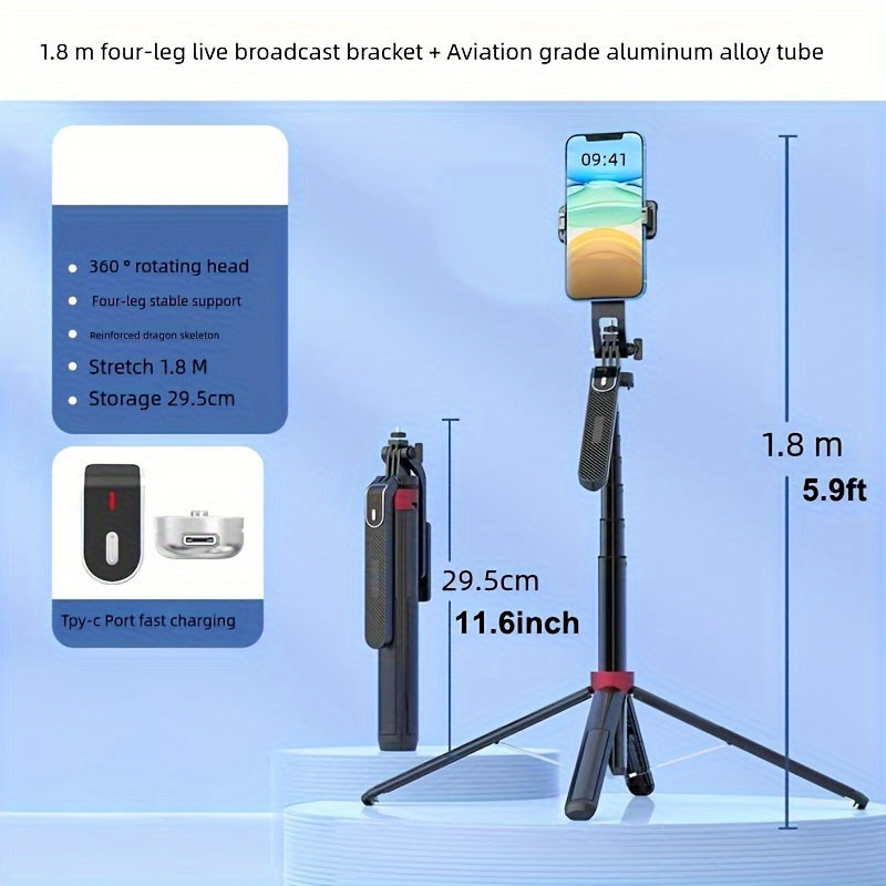 Алюминиевая ручка самосброса с беспроводным пультом, перезаряжаемым аккумулятором и универсальным штативом для телефонов для прямых трансляций и видеозаписи с умными телефонами размером 4,7-7 дюймов.