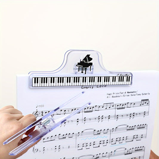 Stylish and durable transparent piano sheet music clips with staff notation. Perfect for organizing piano scores and sheet music. Available in black and clear options. Secure sheet grip.