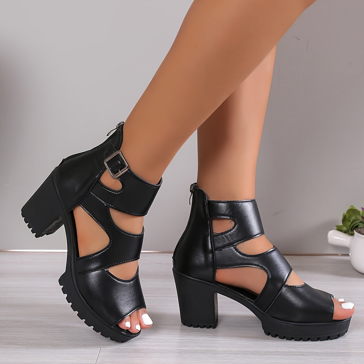 Women's Chunky Heel Peep Toe Sandals with Hollow Out Design and Back Zipper