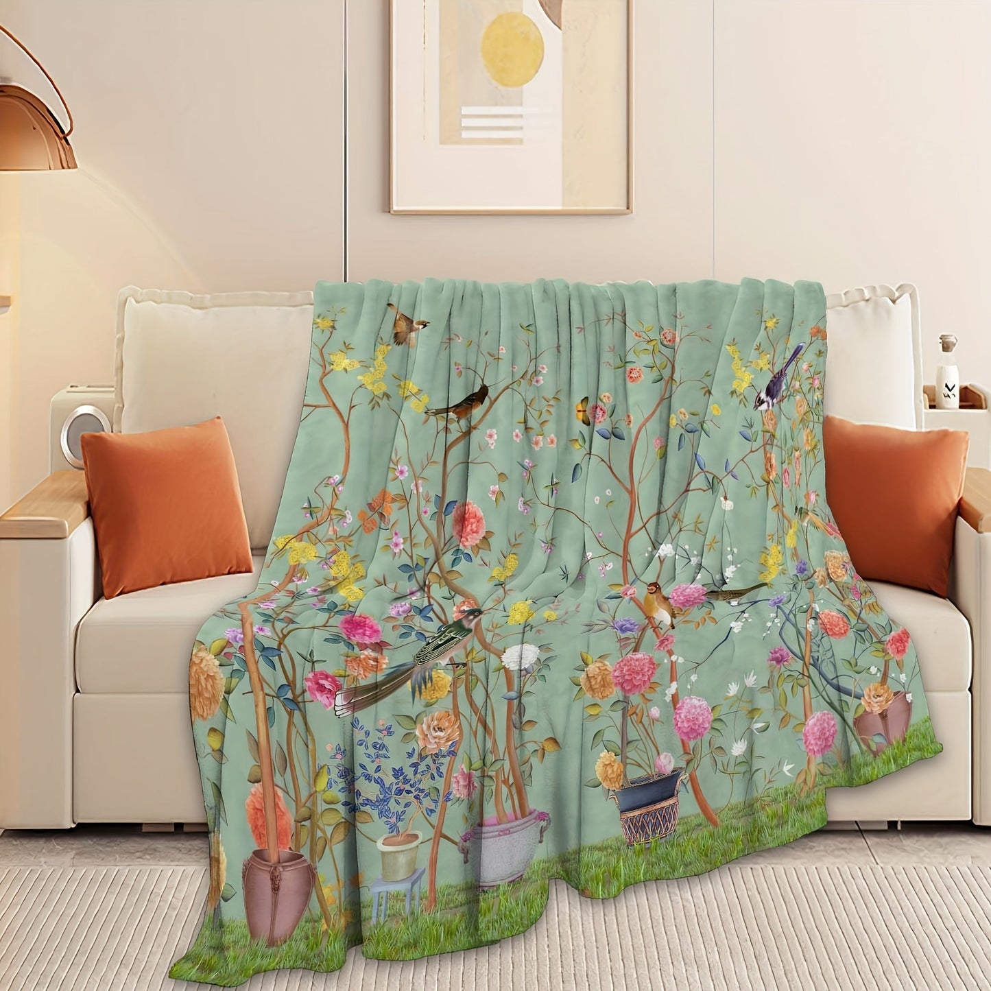 1-piece Creative Flower and Bird Patterned Flannel Blanket, Cozy and Soft Sofa Throw Blanket suitable for All Seasons, Perfect for Office, Bed, or Travel