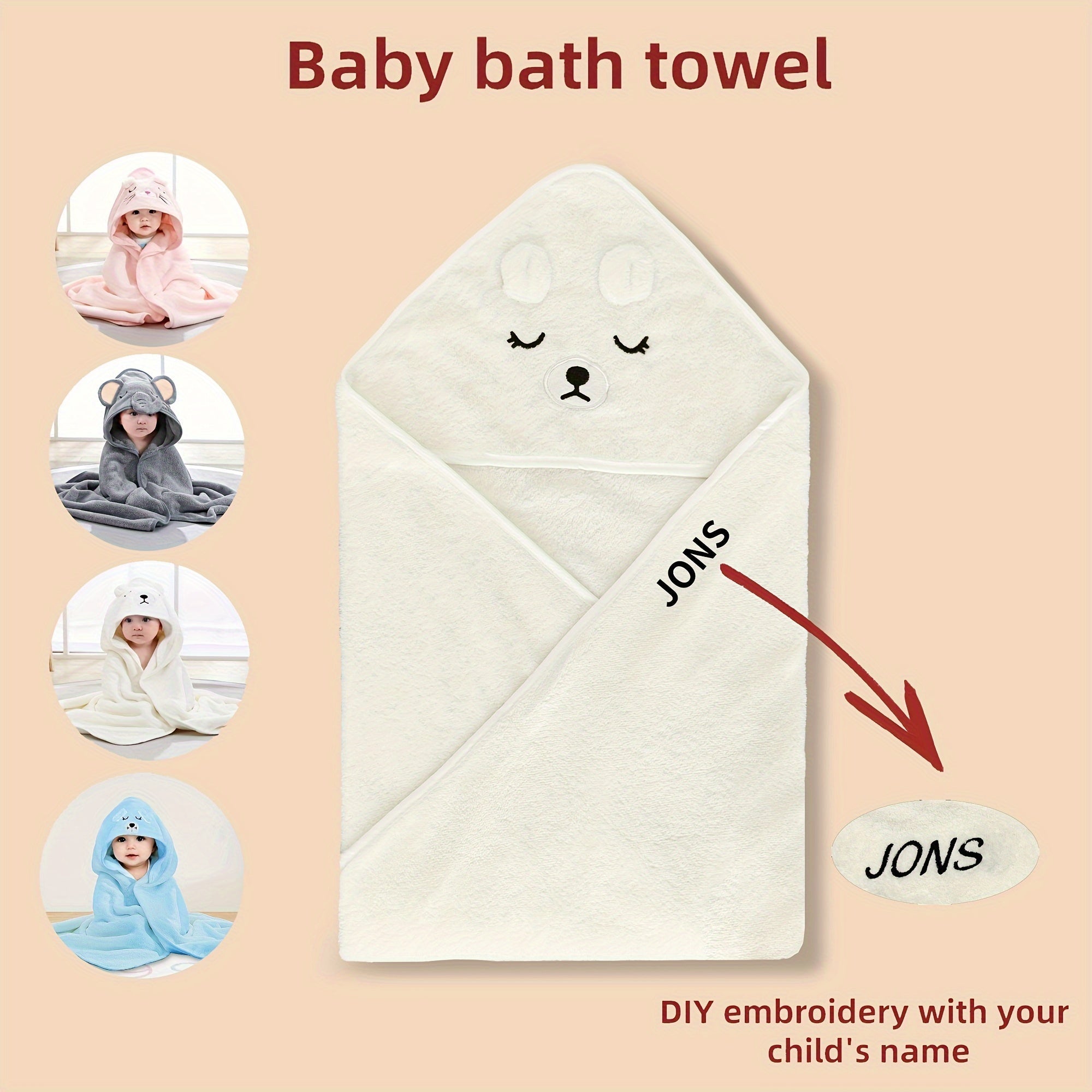 Personalized Hooded Bath Towel with Embroidered Name for Kids - Made with Soft Polyester, Ideal for Christmas and Gift Giving - Choose from Gray, White, Pink, or Blue Options