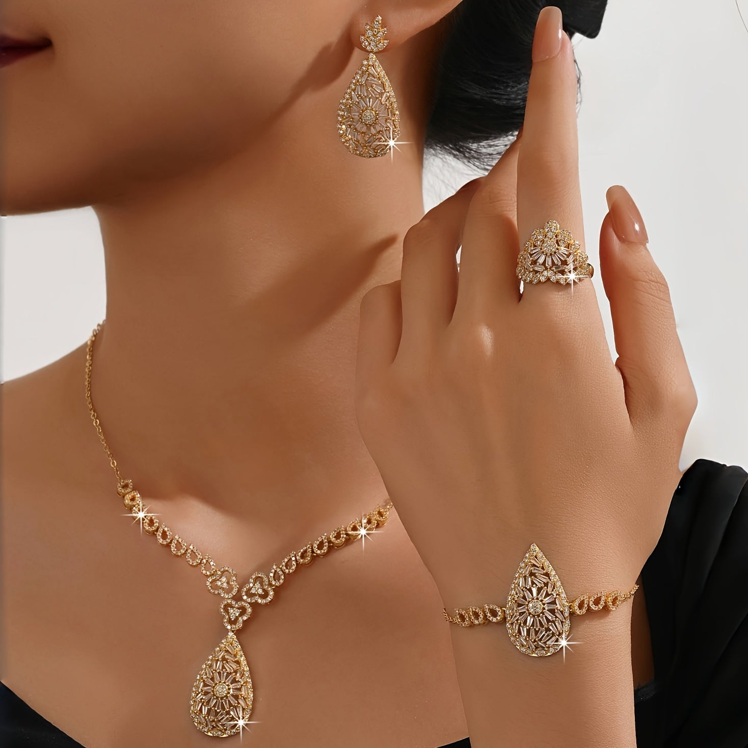 Exquisite Gold-Plated Teardrop Jewelry Set for Women - Featuring Necklace, Earrings, Bracelet, Ring - Ideal for Special Occasions and Everyday Wear, Includes 5 Pieces