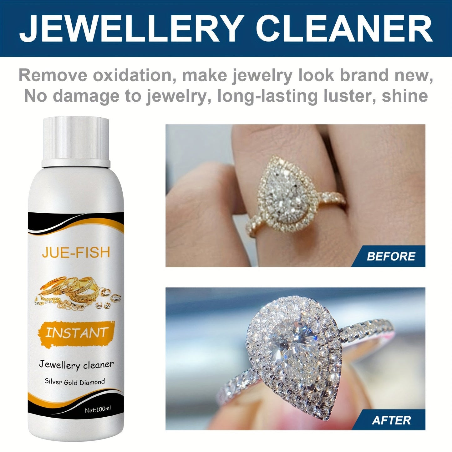 Single piece of jewelry cleaner liquid for decontamination and care of jewelry, specifically designed for cleaning various stains on jewelry and blackening care on glass surfaces. This product is a must-have addition to your cleaning supplies and tools.