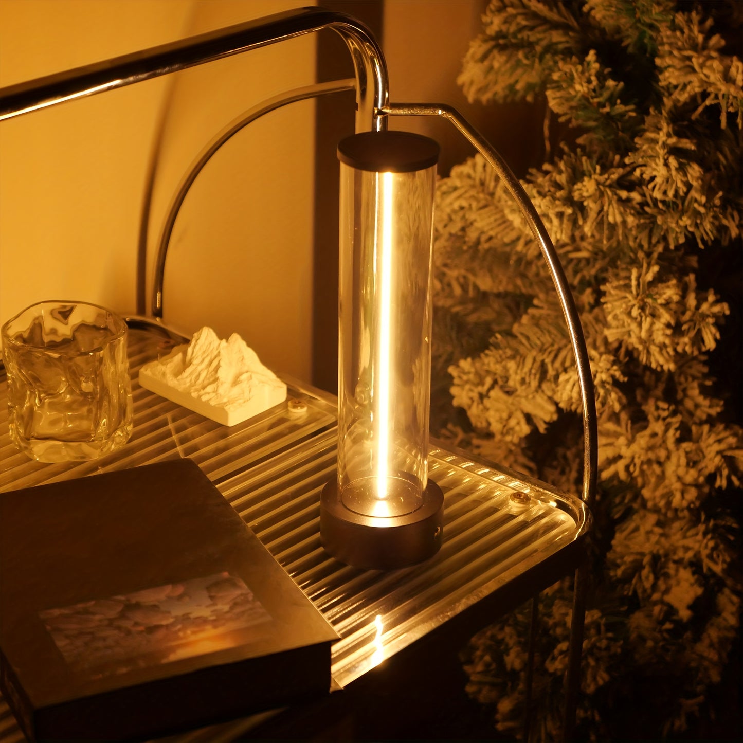 Rechargeable LED table lamp with USB charging port for bedroom, restaurant, bar, study, and outdoor use.