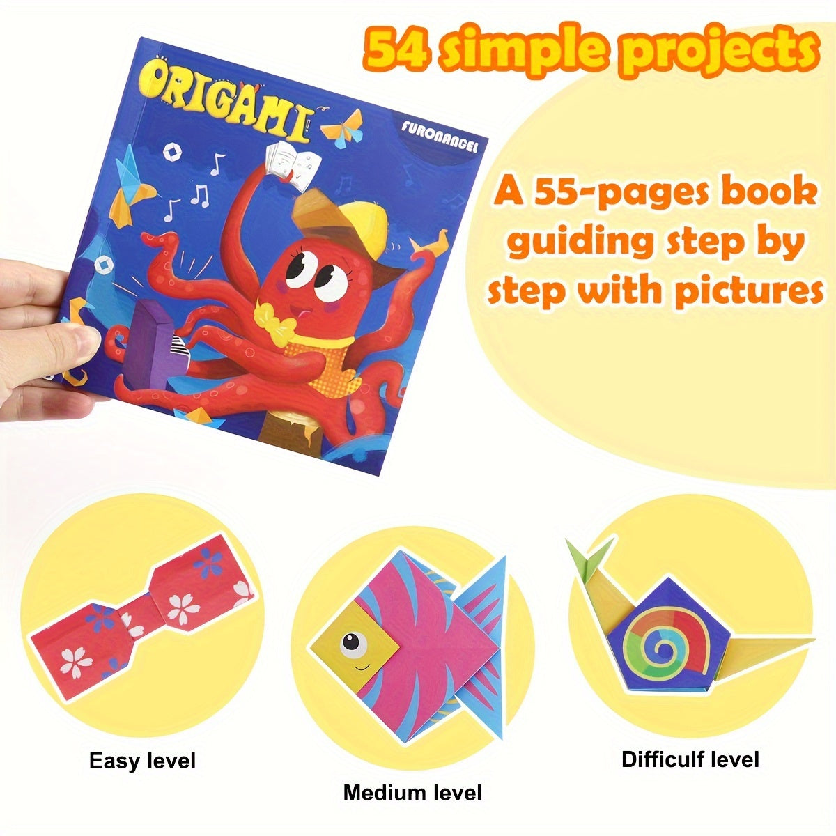 Craft origami paper set includes 108 sheets in 54 colorful patterns with an easy origami book for kids' art projects.