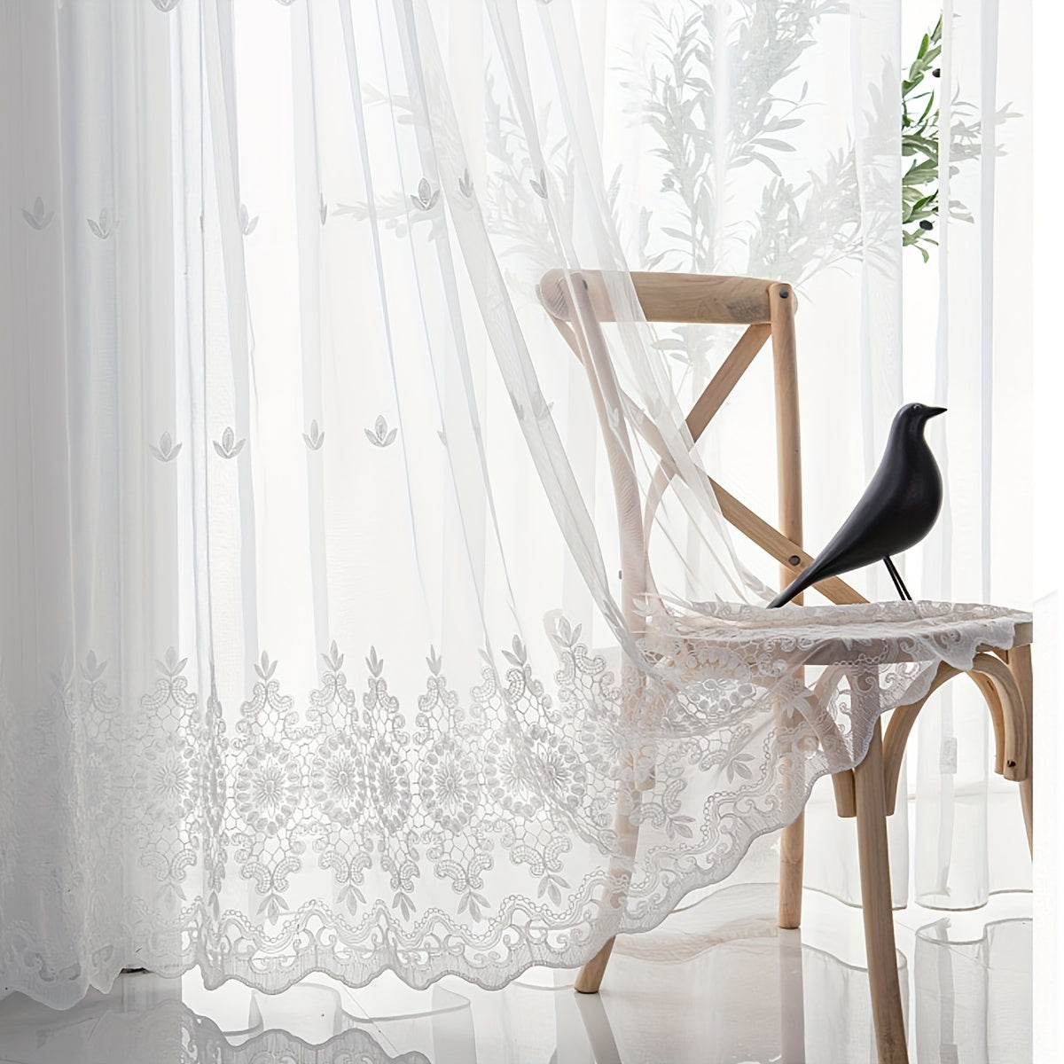 Modern embroidered sheer curtain made from 100% polyester with a rod pocket design, perfect for living room or bedroom. Features a geometric pattern and should be hand washed only. This decorative unlined mesh fabric provides a pastoral style that is