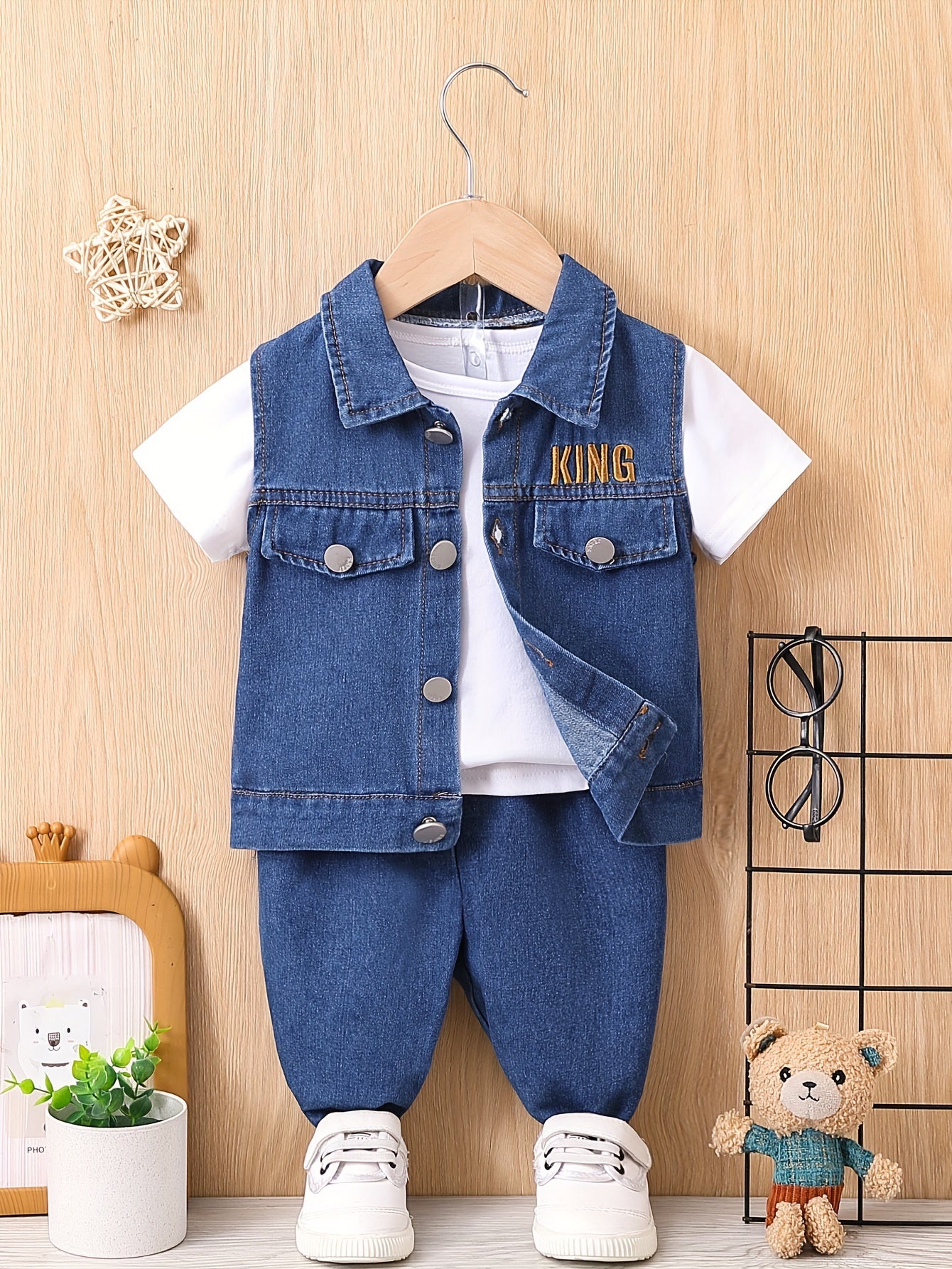 Boys' casual denim outfit with letter embroidery vest, short sleeve t-shirt, and pants.