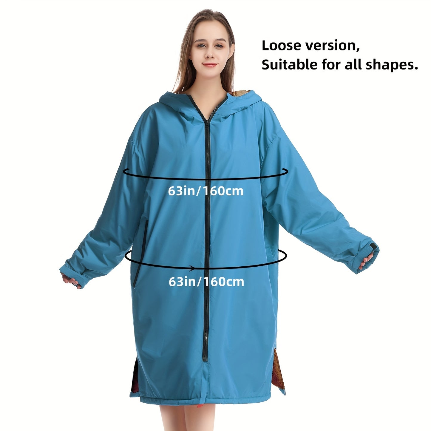 Waterproof, windproof unisex changing robe with fleece lining and hood for home, surfing, diving, camping, and hiking.