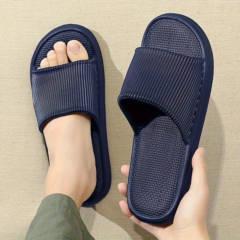 Solid color open toe slippers for men and women, breathable, comfy, non-slip, and durable EVA sole for indoor activities.