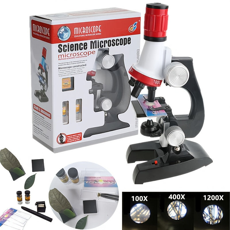 High-definition microscope set for kids with 100X-1200X magnification made of durable ABS material.