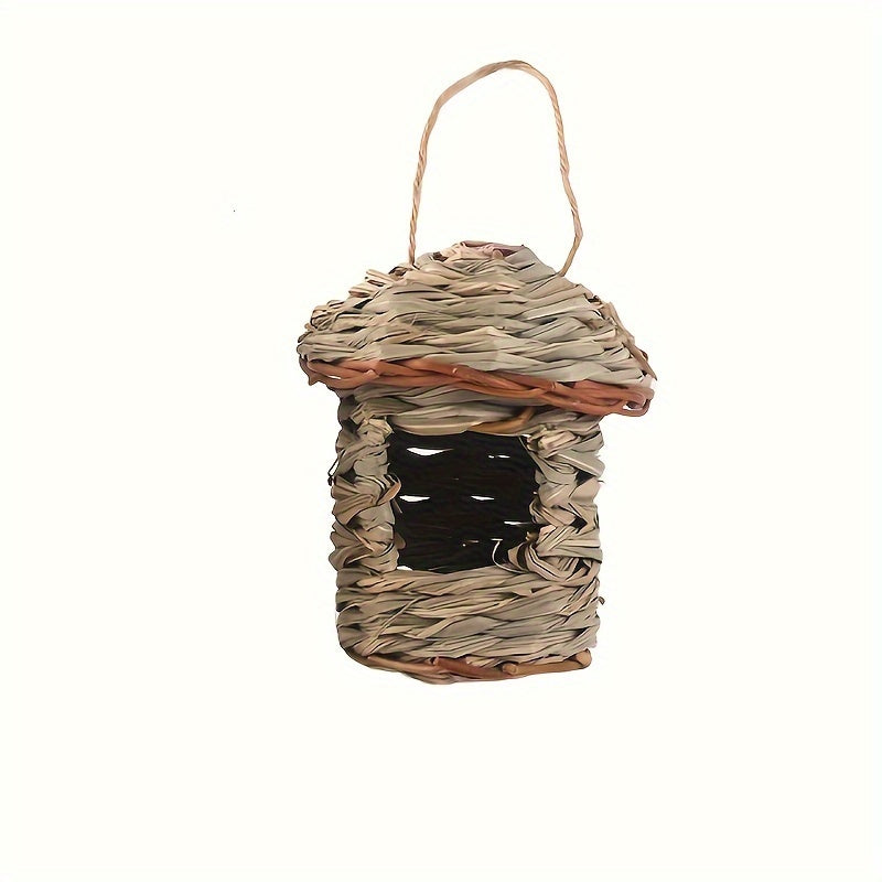 Handmade straw birdhouse for garden decor, attracts various bird species incl. toucans.