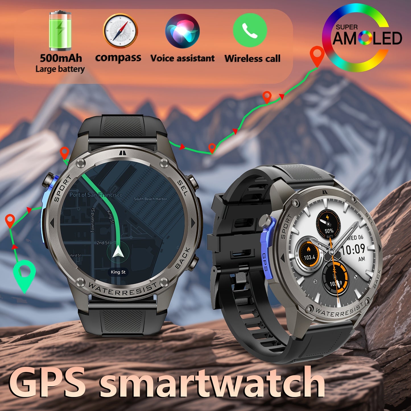 GPS smart watch for outdoor enthusiasts with compass, altitude, swimming, triathlon modes, and 170+ sports modes. Features include automatic motion pattern recognition, ATS3085L chip, and