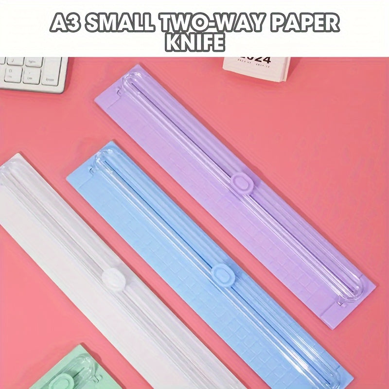 Portable paper cutter for A3/A4 paper, easy-to-use precision trimmer made of durable plastic for school, home, and office.