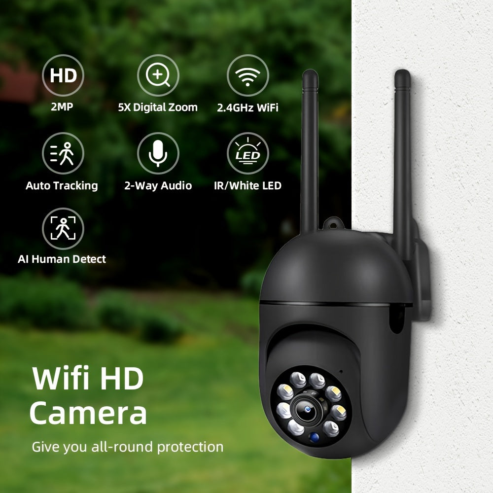 WiFi security camera with HD 1080P, night vision, app control, two-way audio, motion alerts, and 355° panoramic views. USB powered for indoor use.