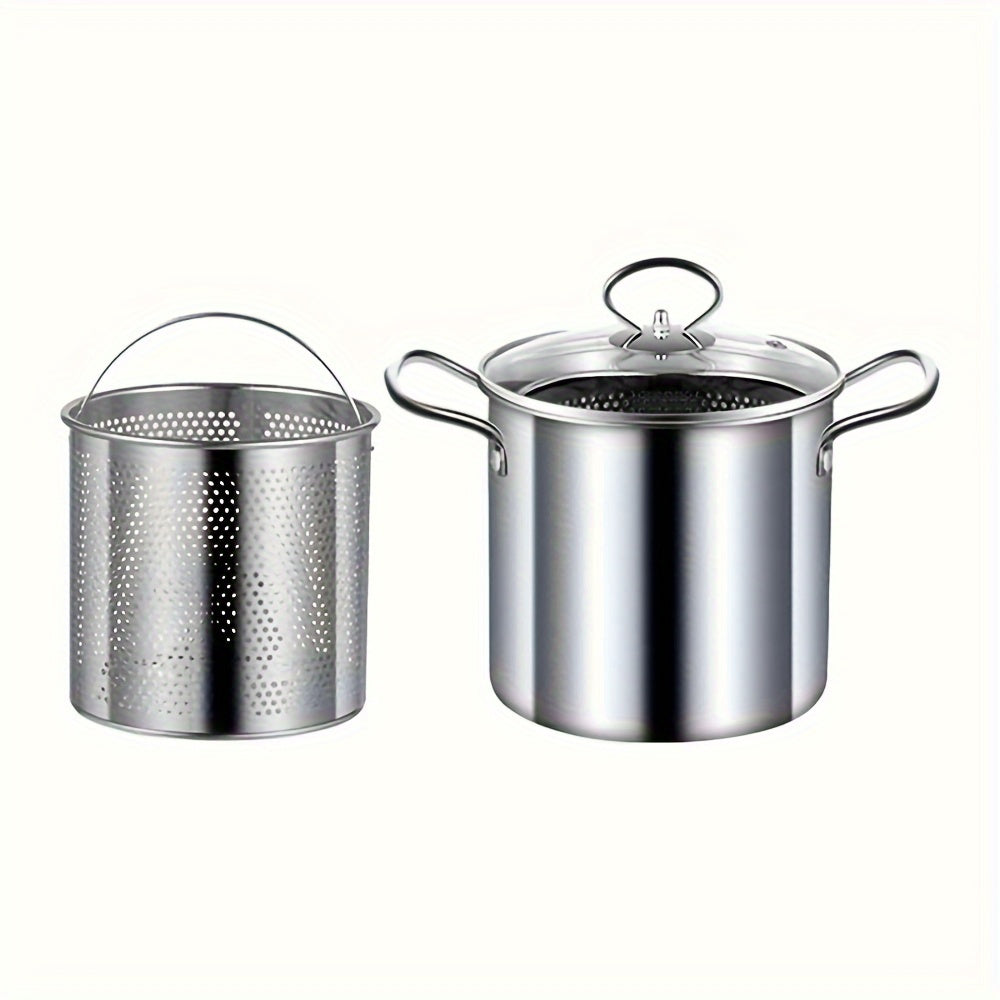 One pack of a 3.5L capacity stainless steel deep fryer pot with basket, perfect for frying and boiling. Includes clear lid and requires no power supply. A versatile cookware option.