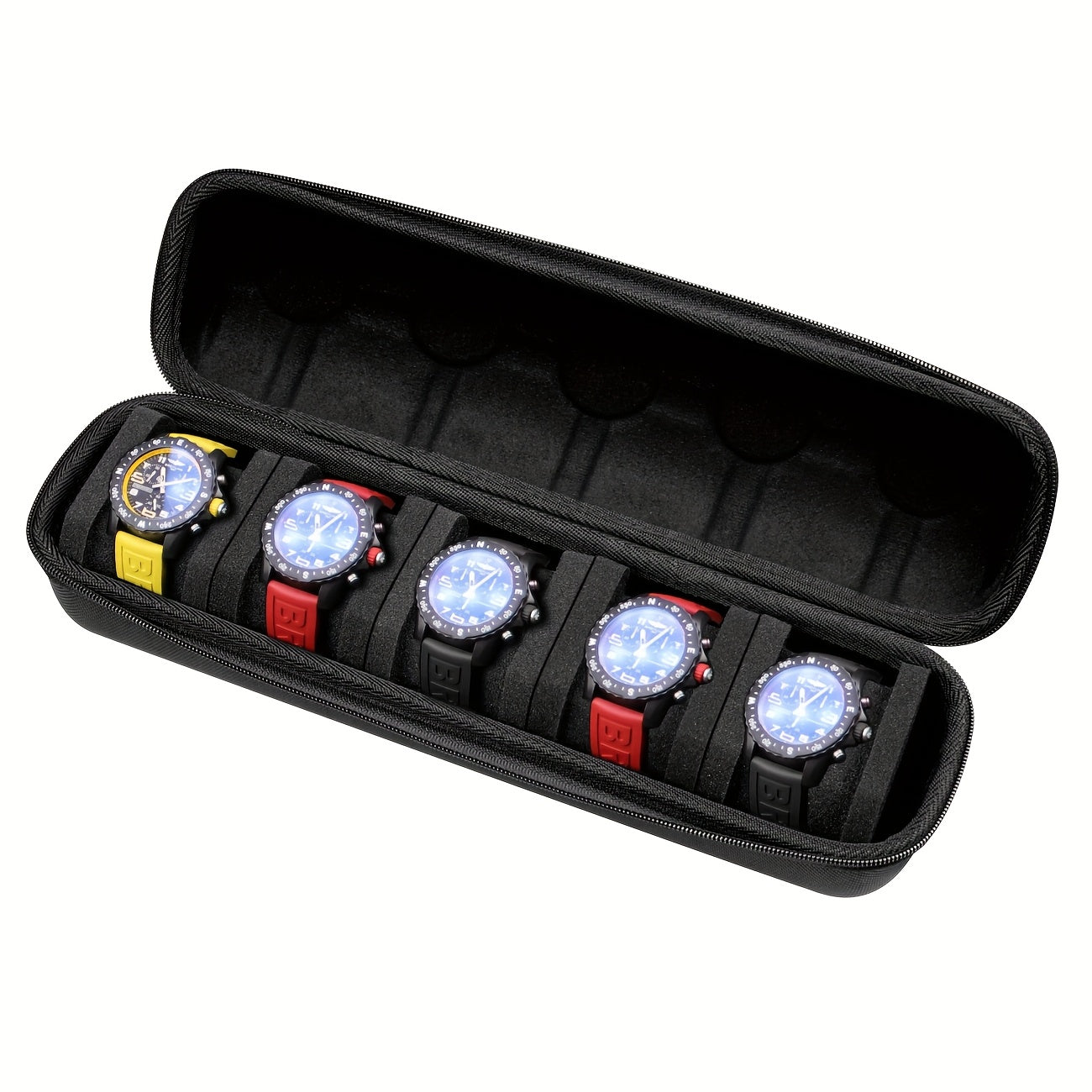 Travel in Style with a 5-Slot Watch Storage Box for Men and Women, featuring a Durable Hard Shell, Soft Foam Pillow, and Convenient Handle