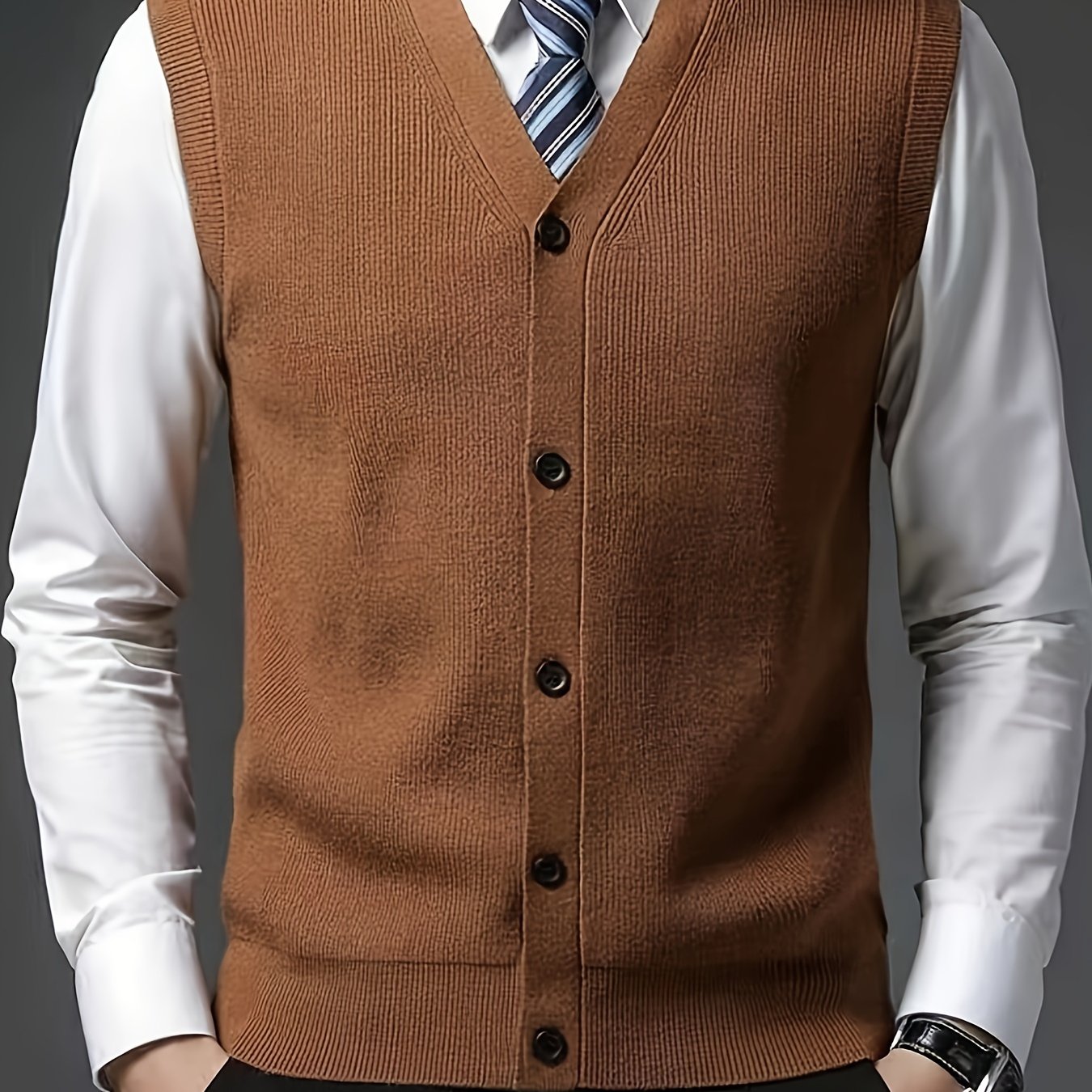 Men's solid color V-neck knitted vest for autumn and winter.