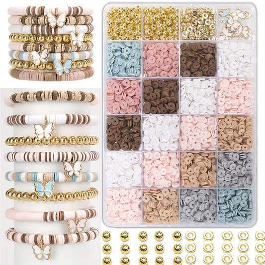 Craft your own Boho Chic style with the 2600 piece bracelet making kit. This DIY set includes butterfly charms, clay beads, and golden accents in assorted pink, blue, and brown colors. Create unique friendship jewelry with this crafting kit.