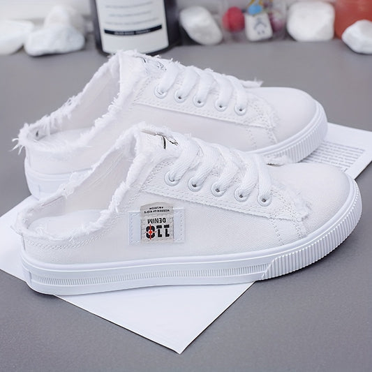 Fashionable solid color platform canvas shoes with a round toe, lace-up design, and breathable slip-on feature, ideal for casual summer wear.