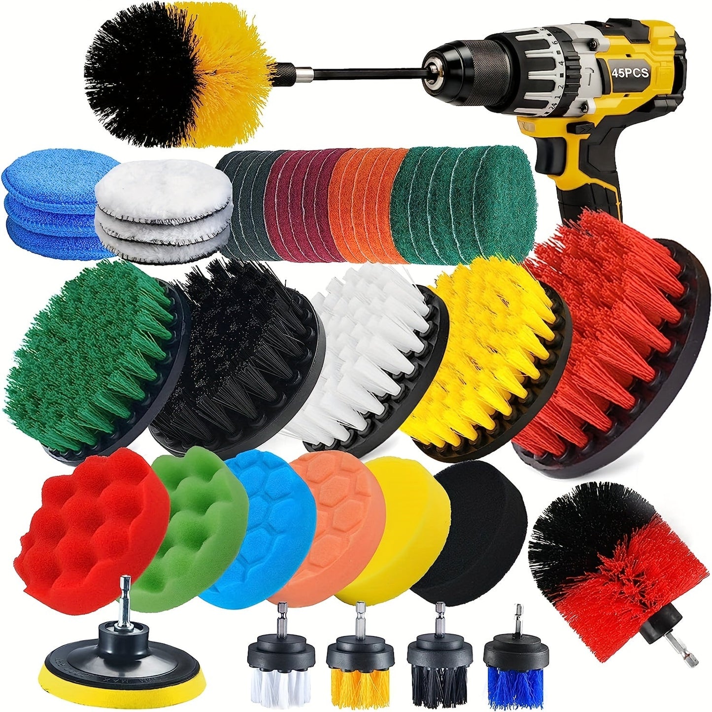 Set of 45 pieces, includes a Drill Brush Set with attachments for multipurpose power cleaning. Features a scrub brush and sponge suitable for grout, bathroom, tub, tile, corners, car wheels, and hard-to-reach areas. Drill not included. Perfect for all