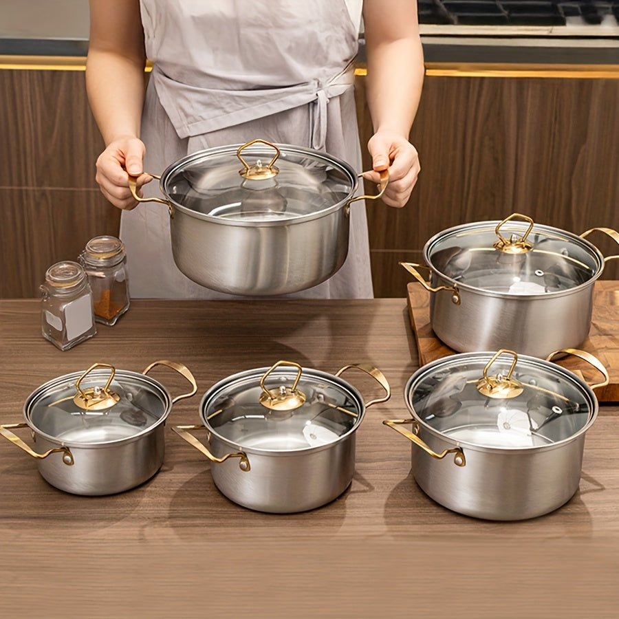 This set includes 10 stainless steel pots in various sizes (15.98cm, 17.98cm, 20.5cm, 22.2cm, and 24.18cm). Each pot comes with a matching lid, making it a total of 5 pots and 5 lids. The pots feature stainless steel double handles for easy handling and