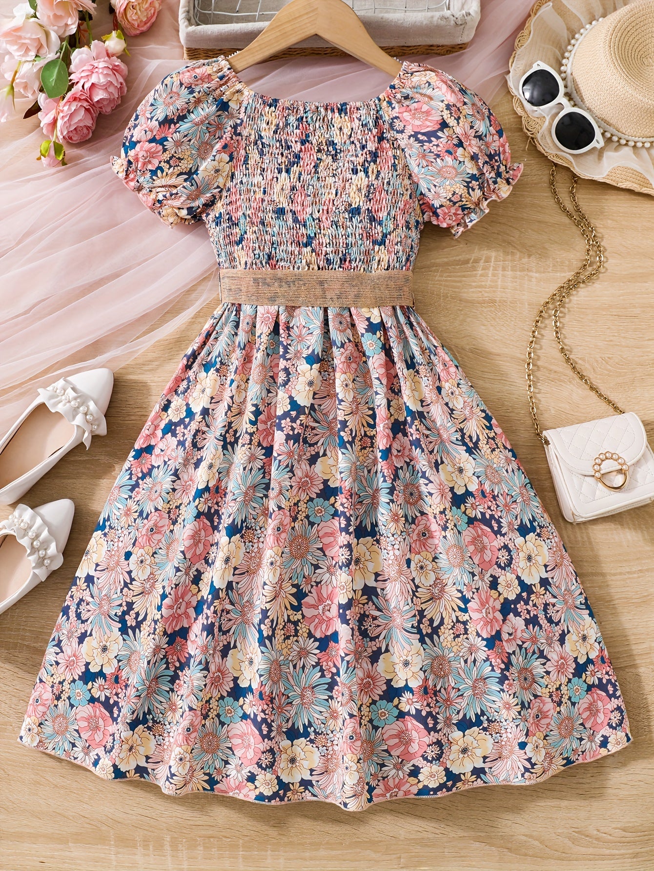 Adorable summer dress for girls with floral print, puff sleeves, and belt - made of lightweight polyester, machine washable - ideal for beach getaways